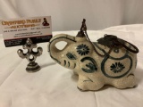 Old antique Chinese porcelain elephant opium jar w/ metal handle / tools, rare piece.