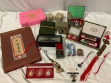 Lg. lot of vintage Chinese collectibles; stamps, art print book set, stone bird pendant