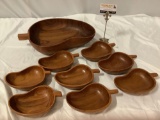 9 pc. lot of teak wood bowls w/ handle, large serving bowl approx. 18 x 12 x 4 in.