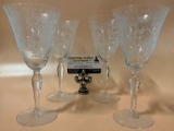 4 pc. Fostoria (?) hand etched crystal wine glasses w/ fine botanical design, nice condition