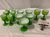 13 pc. lot of vintage emerald green glass stem drinking glasses, 3 styles, approx 4 x 4 in.