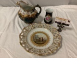 3 pc. lot of antique / vintage gold rimmed porcelain plate, vase Germany & Warwick China pitcher