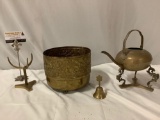 5 pc. lot of old antique brass decor; claw foot rubbish bin, brass stand, tea pot, dragin design