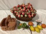 Lot of vintage faux fruit decor; woven basket w/ handmade paper strawberries, ceramic basket w/ fake