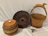 3 pc. lot of woven baskets; wooden lid with deer antler handle, basket w/ carved wood deer handle