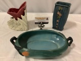 3 pc. lot of vintage pottery pieces; Roseville blue 2-handle bowl, McCoy tulip planter, Weller vase