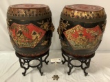 2 pc. set of vintage Asian wooden barrels w/ stands, lids, intricate carved figure art, see pics.