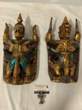 Pair of hand painted wood carved deity / demon winged figure masks ethnic wall art