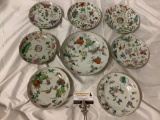 8 pc. lot of antique Chinese hand painted plates w/ butterfly, grasshopper, floral designs, see