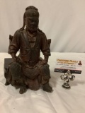 Old antique wood carved Asian male figure carving w/ pearl earrings & wooden stand