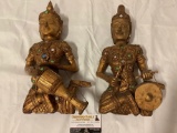 2 pc. set of antique wood carved Thai musician wall hanging figures sculptures