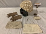 Lot vintage Belgium leather kid gloves, sequin cap, beaded handbag, purse, coin purse