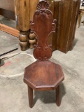 Antique wood carved 3-leg vanity chair, approx 14 x 14 x 38 in.