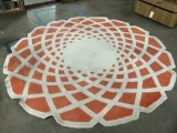 vintage orange and cream colored wool rug with geometric design, needs cleaning