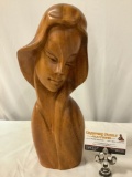 Vintage wood carved female figure bust, approx 15 x 6 in.