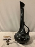 Vintage handcrafted Haeger black glass large vase w/ repaired handle, sold as is