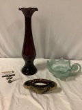 3 pc. lot of vintage art glass decor; tall vase, sculpture, bowl, approx 20 x 5 in.