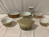 6 pc. lot of vintage PYREX glass kitchen bowls, 3 w/ lids, Fancy Forrest /Homestead patterns & more