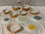 12 pc. lot of vintage PYREX glass kitchen bowls, lids, approx 11 x 8.5 x 4 in.
