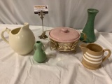 5 pc. vintage ceramic pastel tableware; Bauer warmer w/ brass stand, Metlox bud vase, Haeger