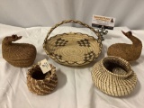 5 pc. lot handmade woven baskets; Mary K., antique Chinese duck container baskets, tray w/ handle