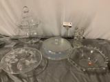 5 pc. lot of large vintage glass decor; Heisey lariat glass bowl, thick glass vase, opalescent