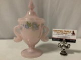 Vintage handpainted FENTON pink opalescent glass urn w/ lid, fish shaped handles, signed by D.