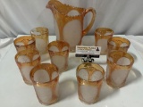 10 pc. set of vintage Imperial carnival glass drink pitcher and tumblers w/ frosted glass country