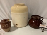 3 pc. lot of vintage / antique ceramic stoneware croc w/ lid, Old Time Pottery honey pot w/ ladle /