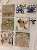 7 pc. lot of vintage hand painted tiles from Italy, Portugal, approx 8 x 8 in.