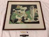 framed mid century abstract still life art print a coffee cup, approx 18.5 x 16 in.