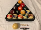 17 pc. lot of vintage pool / billiards balls w/ cue ball and triangle rack.