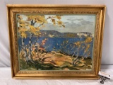 Vintage framed nature scene original oil painting on board, approx 29 x 23 in.