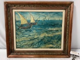 vintage framed original repro canvas oil painting in style of Van Gogh - Fishing Boats At Sea