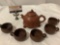 6 pc. lot of stunning Asian red clay handmade tea pot w/ 5 cups, needs repair, sold as is.