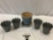 5 pc. Lot of vintage planter pots: 4 aluminum, ceramic pot w/ drip pan