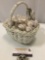 Basket of shells decor art piece, approx 8 x 6 x 9 in.