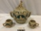 Antique German ceramic punch bowl with lid and 2 mugs, highly detailed castle designs