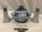 3 pc. Lot of vintage flow blue porcelain decor; candle holders, marked container w/ lid, see pics