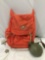 Vintage ACADEMY The A-Line metal frame hiking backpack plus plastic canteen marked US