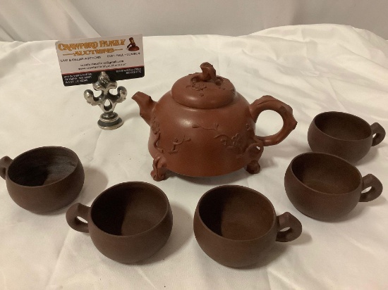 6 pc. lot of stunning Asian red clay handmade tea pot w/ 5 cups, needs repair, sold as is.