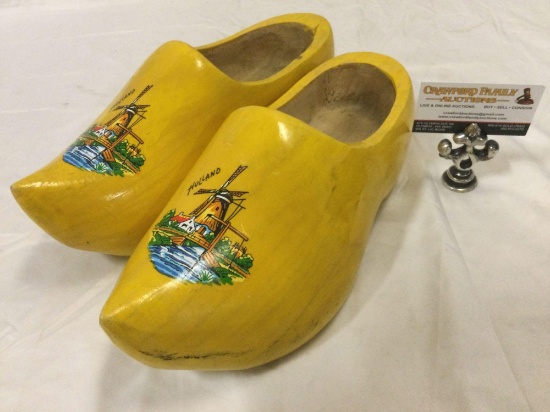 Pair of large painted wooden clogs from Holland, approx 13 x 5 x 5 in.