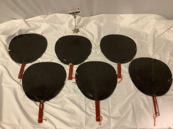 6 pc. Lot of antique Japanese black lacquered hand fans, approx 12 x 18 in.
