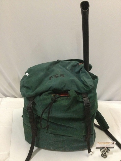 Vintage FSS canvas backpack full of forest fire fighting equipment, STIHL axe, chisels, tool kit, +