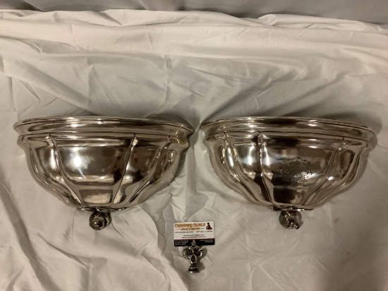 Pair of old antique custom-made silver plate wall mounting urns, unique set.