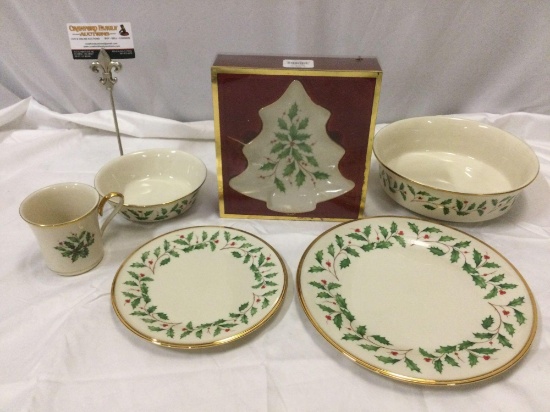 6 pc. lot of LENOX Dimension Collection Holiday holly pattern dishware, made in USA.