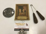 4 pc. lot of antiques; pewter 2-sided cherub art, Betsy Ross needle kit 1914, see pics