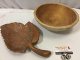 2 pc. lot of vintage bowls; handmade wooden bowl, composite leaf shaped bowl