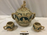 Antique German ceramic punch bowl with lid and 2 mugs, highly detailed castle designs