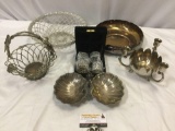 Lot of silverplate / metal decor; Godinger basket, Lunt bowl, clam shell server, napkin rings +
